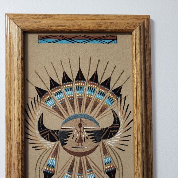 Signed Navajo Native American Sun Sand Art Wall Decor Wooden Frame 15.5" X 10" - Picture 3 of 7